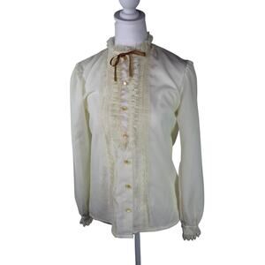 Lady Holiday True Vintage 1970s Prarie Blouse Button Up Lace Frontier Victorian